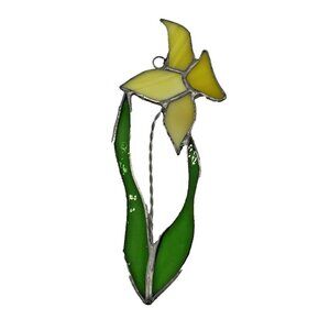 Yellow Daffodil Stained Glass Suncatcher Flower on Stem Handmade Window Hanging